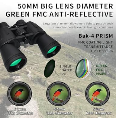 10x50 High Powered Binoculars for Adults - Professional Wide View Porro Prism Binoculars with BAK-4 Prism Water-Resistant Fogproof, Low Light Vision for Bird Watching Hunting Concerts Stargazing - Image 3