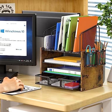 4-Tier Mesh Desk Organizer, Wooden Desk File Organizer with 5 Vertical File Holders and 2 Pen Holders, Desktop Organizers and Accessories with Drawer for Home Office - Image 4
