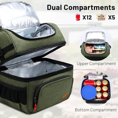 MIER Dual Compartment Lunch Bag Tote with Shoulder Strap for Men and Women Insulated Leakproof Cooler Bag, Army Green - Image 2