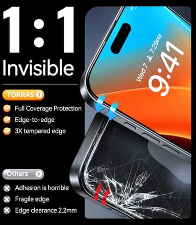 TORRAS Military-Grade Shatterproof for iPhone 16 Pro Screen Protector [9H+ Aerospace Tempered Glass＆ One-Step Installation] Full Coverage Fit Bubble Free Top-Notch Protection, 2 Pack, GlassGo X - Image 5