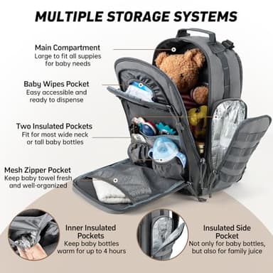 SHARKMOUTH Diaper Bag with Changing Pad - Large Military Baby Diaper Backpack for Hiking Travel Camping - Army Style for Men Active Dad Gray - Image 3