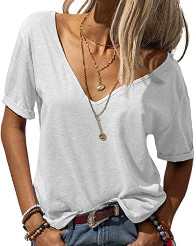 Danedvi Women Fashion Deep V-Neck Short Sleeve Tops Solid Casual Loose Basic T Shirt White - Image 1
