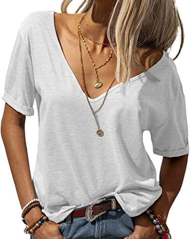 Danedvi Women Fashion Deep V-Neck Short Sleeve Tops Solid Casual Loose Basic T Shirt White - Image 1