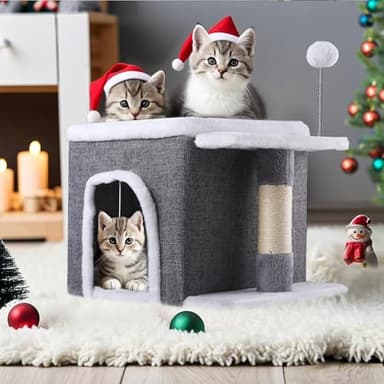 YITAHOME Cat Bed for Indoor Cats Cube House, Covered Cat House with Fluffy Ball Hanging and Nature Sisal Post,Cat Cave Bed Playhouse, Cute Cat Condo for Multi Small Pet Kitten, Grey - Image 8