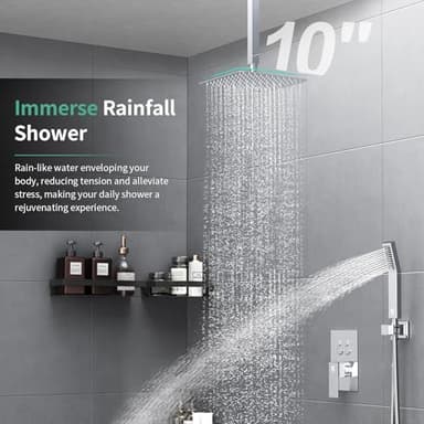 SR SUN RISE Shower System with Push Button Diverter, Ceiling Mounted Luxury 10 Inch Rain Shower Head with Handheld Spray, High Pressure Shower Faucet Combo Set with Rough-in Valve, Polished Chrome - Image 8