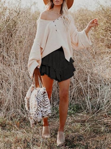 Aoudery Flowy Shorts for Women Casual Boho Ruffle Tiered Skorts High Waist Mini Skirts Golf Tennis Butterfly Crochet Shorts - Black S - Image 4