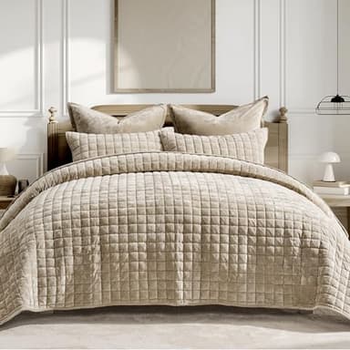 RECYCO Luxury Velvet Quilt Set King Size Bedding Sets, Ultra Soft Velvet Comforter Set, Lightweight Channel Box Stitch Oversized Bedspread Coverlet for All Season, with 2 Shams, Urban Taupe - Image 1