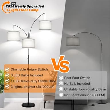 Dimmable Floor Lamp, 3 Lights Arc Floor Lamps for Living Room, Modern Tall Standing Tree Lamp with Gray Linen Shade & Heavy Base, Large Floor Lamp for Bedroom Office, 3x1000 LM LED Bulbs Included - Image 5
