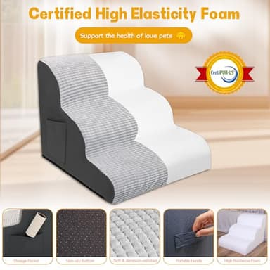 Dog Stairs for Small Dogs, Wide Pet Step with Removable Cover, No Assembly High Density Foam Cat Ramp for Bed or Sofa, 4-Step, Grey - Image 3