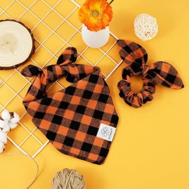 E-Clover Fall Dog Bandana & Matching Scrunchie-Orange Black Dog Bandanas Plaid Pet Scarf Bib for Small Dogs Puppy Girl Boy Owner Gift Orange - Image 7