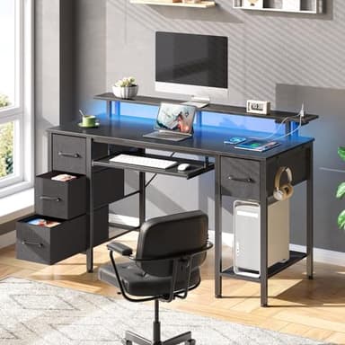 Seventable Computer Desk 47.2" with LED Lights & Power Outlets, Home Office Desk with 4 Drawers, Writing Desk with Keyboard Tray, Study Table with Monitor Stand, Work Desks for Home Office, Black - Image 2