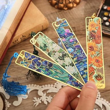 4 Pieces Metal Bookmarks with Tassel, Golden Hollow Bookmark Oil Painting Theme Book Mark Bookmarks for Book Lovers Writers Readers Children Teens Men Women Adults - Image 5