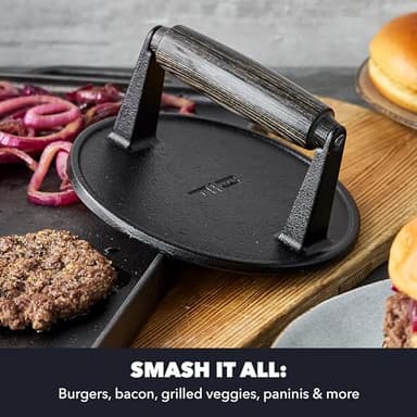 GreenPan x Bobby Flay Smash Burger Press, 6.5" Cast Iron Round Grill Press, Smashed Burgers, Heavy-Duty, Wood Handle, Cookouts & BBQ Tool for Juicy & Crispy Hamburgers Bacon Sandwich, Flat Top Griddle - Image 5