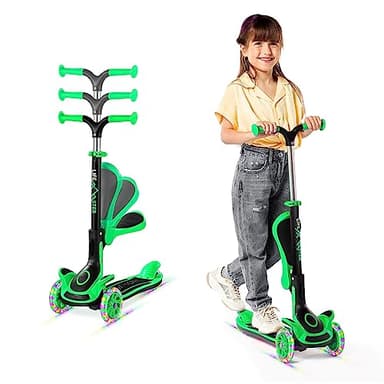 3 Wheel Scooter for Kids with Foldable Seat, Adjustable Handlebar Height, Lean-to-Steer Ride On Toy for Kids Ages 2+, Light-Up LED Wheels, Wide Anti Slip Deck, Indoor & Outdoor Use, Green - Image 1