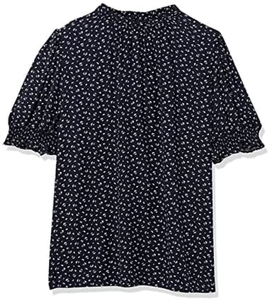 Amazon Essentials Women's Fluid Twill Short Puff Sleeve Smock Detail Shirt, Navy White Ditsy Print, XX-Large - Image 6