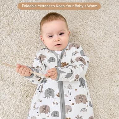 FIEMOL Baby Sleep Sack 6-12 Months, Long Sleeve Baby Wearable Blanket 0.5 Tog with Mittens, 2-Way Zipper Infant Cotton Sleeping Sack for Boy and Girl Grey Elephant 2 Pack (Medium) - Image 6
