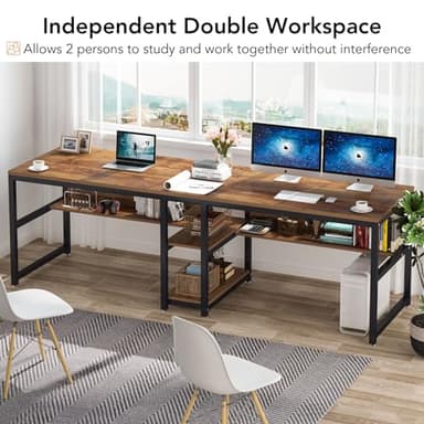 Tribesigns Two Person Desk with Bookshelf, 78.7 Computer Office Double Desk for Two Person, Rustic Writing Desk Workstation with Shelf for Home Office (Brown) - Image 6