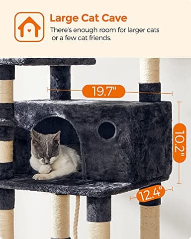 FEANDREA Cat Tree, Large Cat Tower, 64.6 Inches, Cat Activity Center with Hammock, Basket, Removable Fur Ball Sticks, Cat Condo, Smoky Gray UPCT087G01 - Image 7