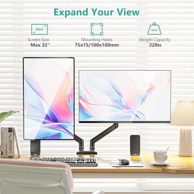 WALI Dual Monitor Stand for 17-32 inch Computer Screens, Dual Monitor Arms for 2 Monitors Holds up to 22 lbs, Height Adjustable Gas Spring Dual Monitors Mount, VESA 75x75/100x100mm (GSMP002N), Black - Image 2