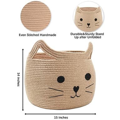 VK VK·LIVING Animal Baskets Large Woven Cotton Rope Storage with Cute Cat Design Laundry Organizer for Towels, Blanket, Toys, Clothes, Gifts – Cat Toy Box Pet or Baby Gift Baskets 15"Lx14H" - Image 3