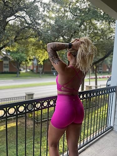 SUUKSESS Women Seamless 2 piece Workout Sets Strappy Padded Sports Bra Booty High Waisted Shorts Outfits (Hot Pink,S) - Image 3