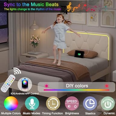 VECELO Upholstered Twin Bed Frame with Headboard Adjustable, Velvet Platform Bed with LED Lights, Charging Station, Mattress Foundation with Wooden Slats, Noise Free, No Box Spring Needed, Beige - Image 3