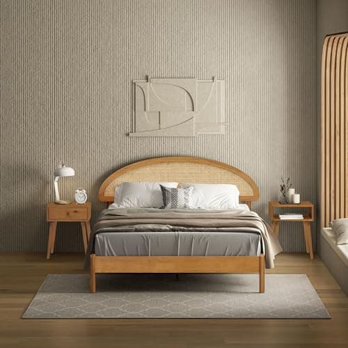 NTC Gem Wooden Bed Frame with Headboard and Natural Rattan, Solid Oak/Rubber Wood Foundation with Silent Slats, 1000 Lb Capacity, Effortless Assembly (Natural Cane - Rustic Oak, Queen) - Image 1