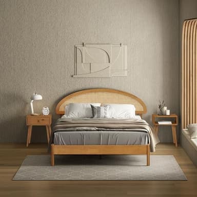 NTC Gem Wooden Bed Frame with Headboard and Natural Rattan, Solid Oak/Rubber Wood Foundation with Silent Slats, 1000 Lb Capacity, Effortless Assembly (Natural Cane - Rustic Oak, Queen) - Image 1