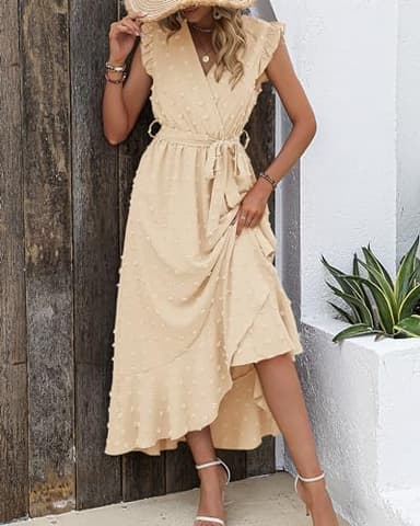 BTFBM Women V Neck Summer Dress 2025 Cap Sleeve Swiss Dot Boho Flowy Ruffle Slit Beach Party Long Maxi Cocktail Dresses(Beige, Small) - Image 2