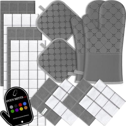 Oven Mitts Kitchen Towels Dishcloths with Pot Holders Sets 12PCS, Dish Towels Sets, Oven Gloves Pot Pads Heat Resistant 500 Degrees with Non-Slip Silicone Surface for Cooking Baking Grilling-Gray - Image 1
