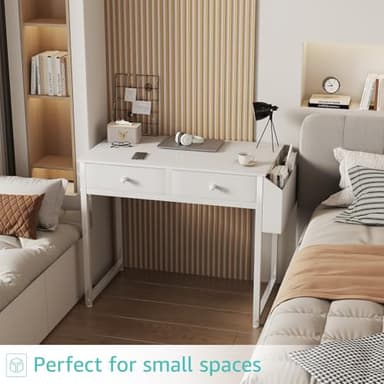 Lufeiya Small White Desk with Drawers - for Bedroom, 32 Inch Home Office Computer Desk with Fabric Storage Drawer and Bag, Study Writing Table for Small Spaces, White - Image 5