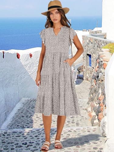 ANRABESS Womens Summer Ruffle Sleeve V Neck Floral Print Midi Dress 2025 Fashion Casual Fit Flowy Tiered Boho Beach Vacation Sundress Khaki Polka Dot-M - Image 2