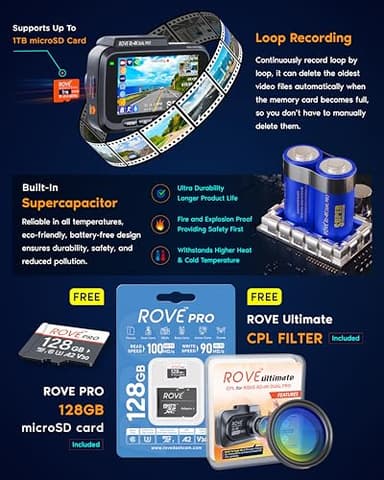ROVE R2-4K Dual PRO Dash Cam Front and Rear, True 4K+2K Dash Camera for Cars, STARVIS 2 IMX678 + IMX675 Sensors, Free 128GB Card + CPL, WiFi 6 - up to 30MB/s Download Speed, 3" IPS, 24Hr Parking Mode - Image 9