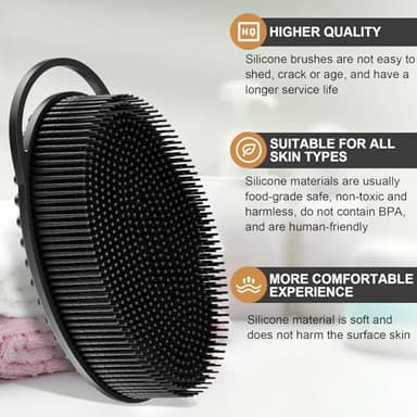 Metene Silicone Exfoliating Body Scrubber with Loop, Body Scrubber for Men and Women, Silicone Loofah for Shower, Soft Silicone for Shower and Bath Skincare Routine (Black) - Image 3