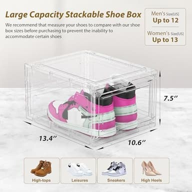 Mitees 10 Pack XX Large Thicken Sturdy Hard Plastic Clear Stackable Shoe Storage Boxes for Size 12, Sneaker Shoe Rack Containers Holders Bins Display Case Organizer for Closet, White - Image 4