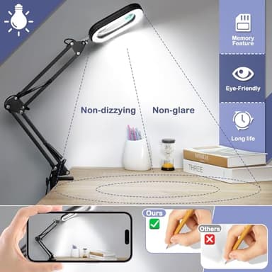 Drdefi 10X Square Magnifying Glass with Light and Stand, Real Glass LED Lighted Magnifier, 5 Color Modes Stepless Dimmable, Hands-Free Mag Desk Lamp with Clamp for Reading Craft Hobby Close Work - Image 5