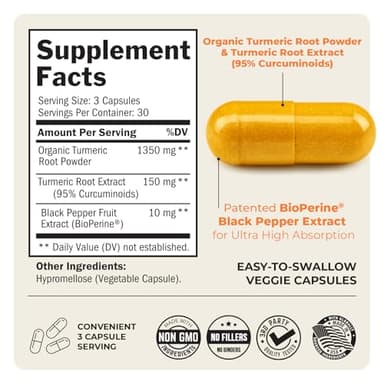 Turmeric Curcumin with Black Pepper Extract 1500mg - High Absorption Ultra Potent Turmeric Supplement with 95% Curcuminoids and BioPerine - Non GMO Tumeric Capsules for Joint Support - 90 Capsules - Image 3