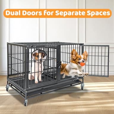 Homey Pet 43 Inch Dog Crate, Heavy Duty Stackable Dog Crate Cage Kennel for Medium Dogs with Divider, Bowls, 3 Door, Removable Grid & Tray, 4 Lockable Wheels, Breeding & Grooming Drop Cages for Dogs - Image 4
