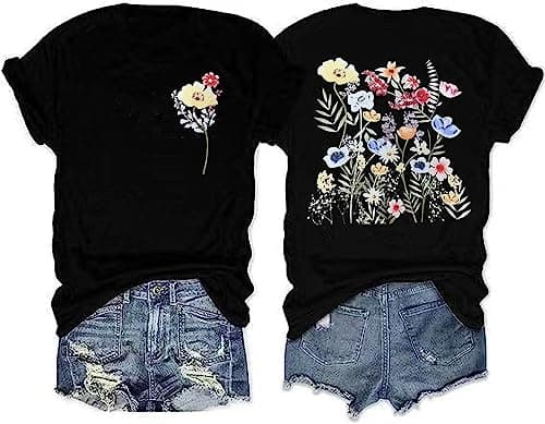 Women's Vintage Flowers Shirt Casual Boho Cottagecore Pastel Botanical Floral Printed T-Shirt Wildflowers Graphic Tees Tops(QB-Black,L)