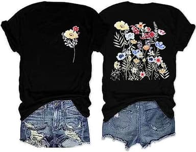 Women's Vintage Flowers Shirt Casual Boho Cottagecore Pastel Botanical Floral Printed T-Shirt Wildflowers Graphic Tees Tops(QB-Black,L)