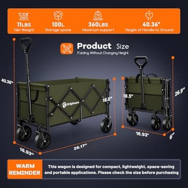 Originsure Collapsible Wagon Cart Foldable - Portable Heavy Duty Folding Beach Wagons with Wheels - Outdoor Utility Carts for Groceries, Shopping, Camping, Sports, Garden with Large Capacity - Green - Image 3