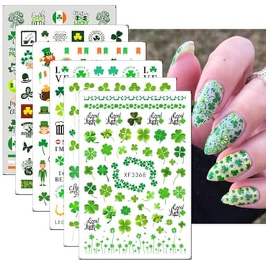 St. Patrick's Day Nail Art Stickers Green Irish Clover Nail Decals 3D Self-Adhesive Nail Art Supplies Lucky Leaves Beer Design Shamrock Stickers for Saint Patrick's Day Nail Decoration 6 Pcs - Image 1