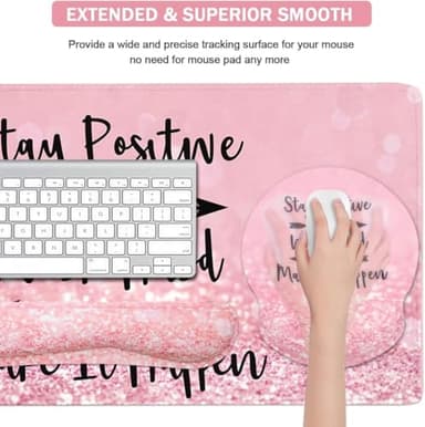 4-in-1 Gaming Mouse Pad Wrist Support Set，Desk Pad + Mouse Pad with Wrist Rest + Keyboard Wrist Rest + Coaster, Ergonomic Design for Home Office Study Game - Pink Stay Positive - Image 5