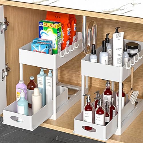 PUILUO 2 Set Under Sink Cabinet Organizer, 2 Tier Storage Under Cabinet Bathroom Under Sink Organizers and Storage Black Under Sink Storage for Bathroom Kitchen - Image 1