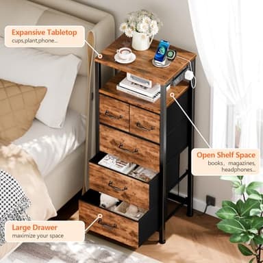 Furnulem Dresser for Bedroom, Tall Nightstand, Vertical Chest with Wood Top, Charging Station, LED Lights, 5 Fabric Bins, Bedside Table with Shelf, Furniture for Entryway (5 Drawer, Rustic Brown) - Image 9