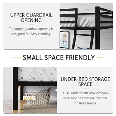SHA CERLIN Loft Bunk Bed Twin Over Twin Size with Ladder and Guardrail,Heavy Duty Metal Slats Support No Box Spring Needed Small Space Saving Furniture for Bedroom Dorm,Black - Image 6