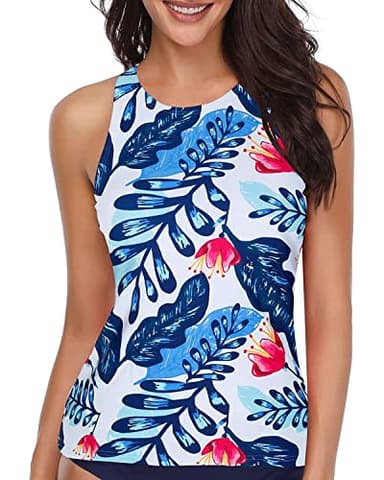 Holipick High Neck Tankini Top Bathing Suit Tops for Women Tummy Control Tank Tops Swimsuits White Blue Floral M - Image 1