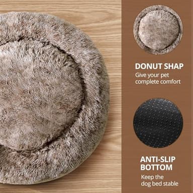 JOLLYVOGUE Large Calming Dog Bed, Anti-Anxiety Donut Cuddler Cat Bed with Anti-Slip Bottom, Fluffy Faux Fur Machine Washable Pet Cushion for Medium Large Dog & Cat, 36"/Smoke Brown - Image 3