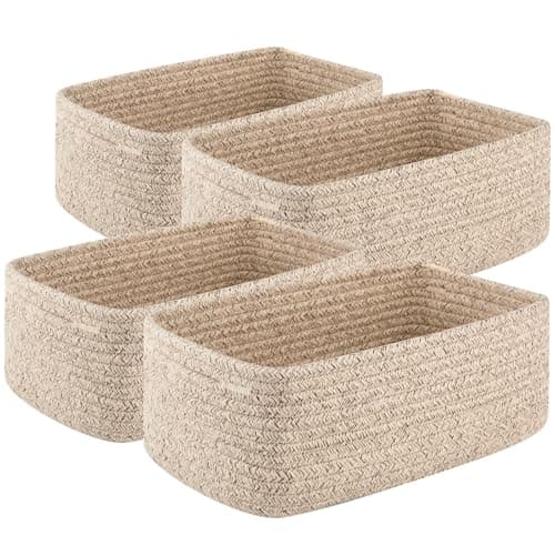 OIASKET 4 Pack Small Storage Shelf Baskets for Organizing, Mini Woven Rope Storage Bins for Towels, Cute Decorative Closet Organizer，Baby Nursery, Gift Empty Baskets -11.81''Lx7.87''Wx4.72''H'-Brown - Image 1