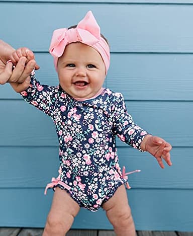 RuffleButts Baby Girls UPF 50+ Sun Protection Floral Printed Long Sleeve One Piece Rash Guard Swimsuit with Zipper - Moonlit Meadow, 6-12m - Image 2